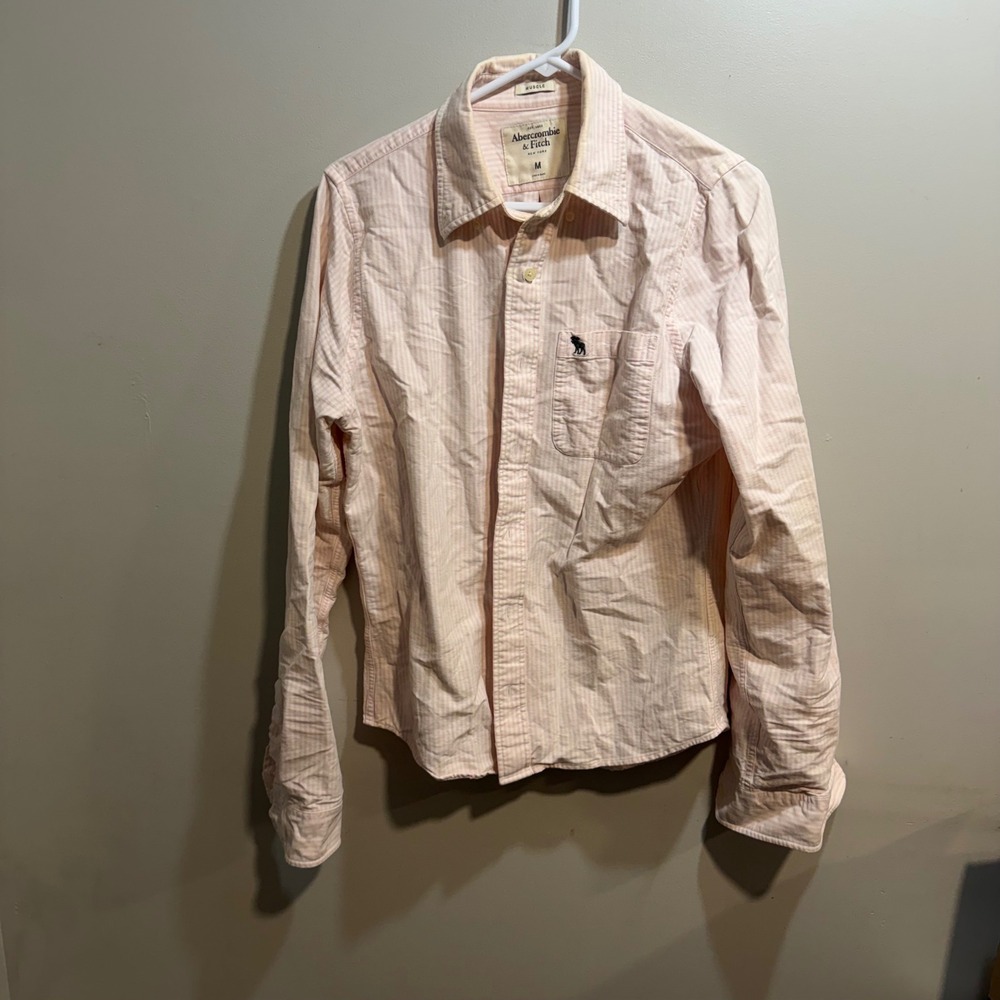 Abercrombie & Fitch Mens Muscle Fit‎ Pink White Striped Button Down Shirt Medium